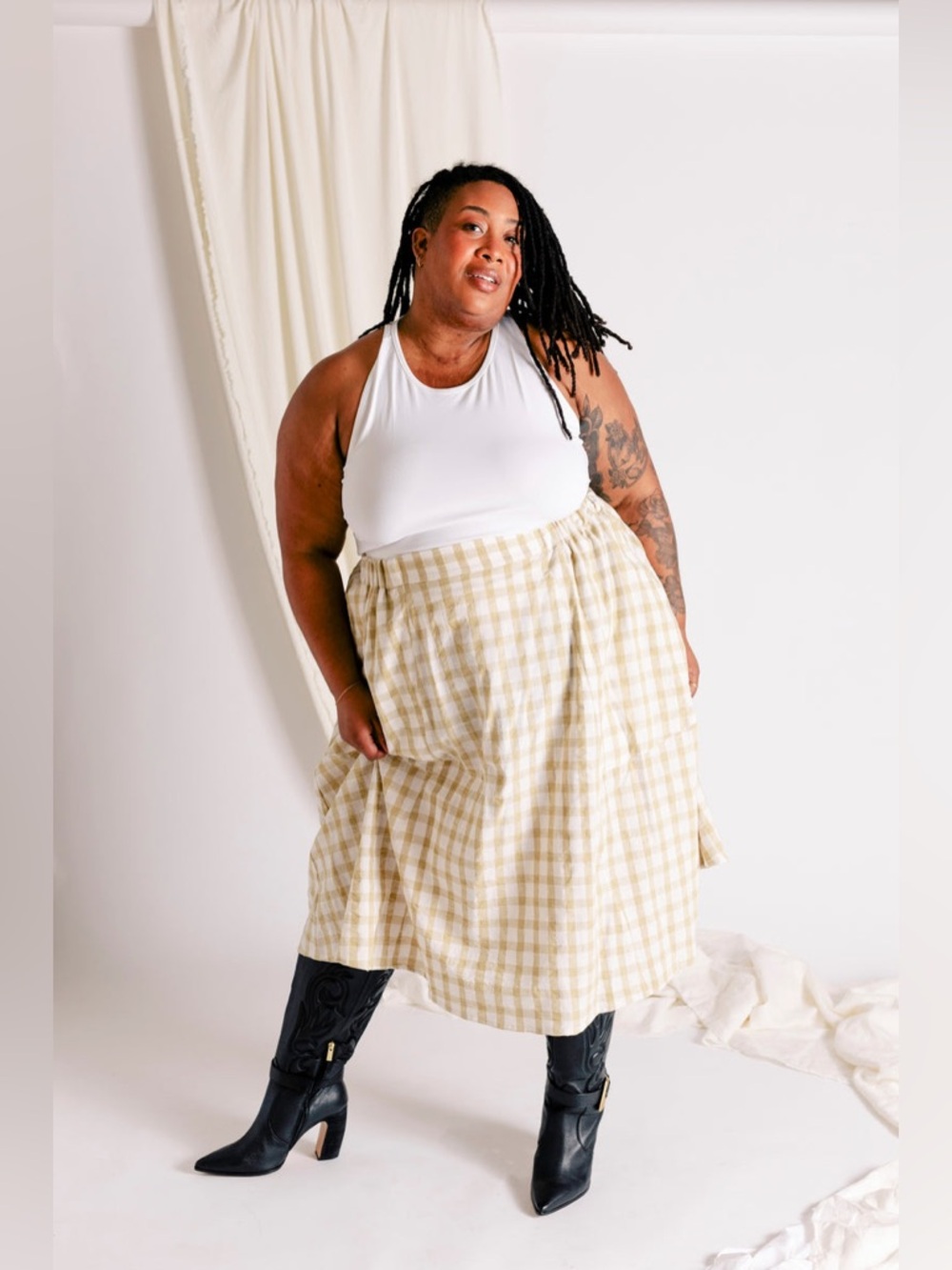 Pamut Apparel Florence Skirt Handwoven Cotton Olive Check Made in USA Size L